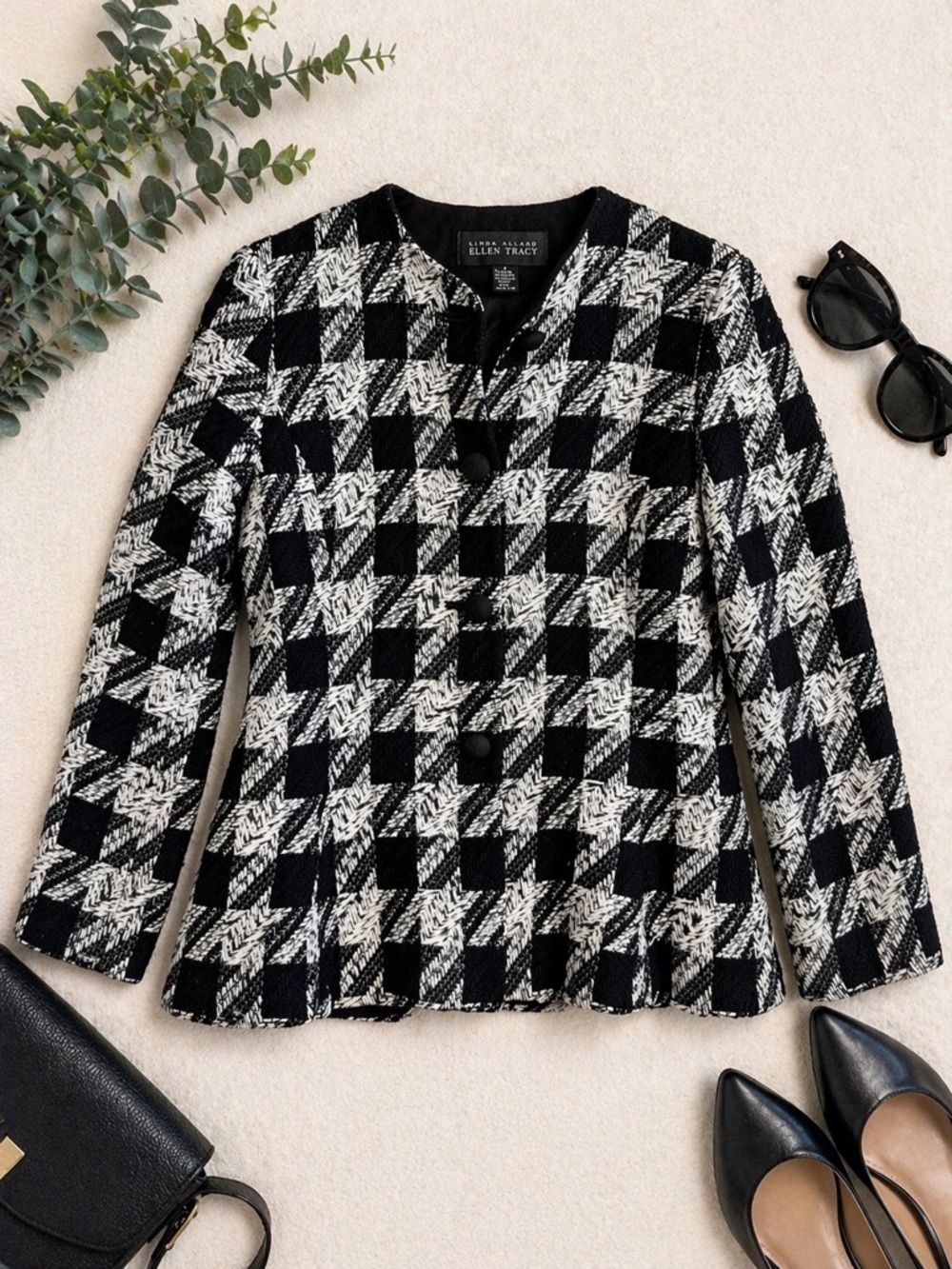 Linda Allard Ellen Tracy Houndstooth Blazer Minimalist Chic Jacket Black 4 C54